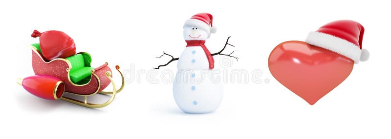 Sombrero de santa de los hombres de la nieve, trineo de santa, sombrero en un ejemplo blanco del fondo 3D, de santa del corazón r stock de ilustración Sombrero de santa de los hombres de la nieve, trineo de santa, sombrero en un ejemplo blanco del fondo 3D, de santa del corazón r stock de ilustración
