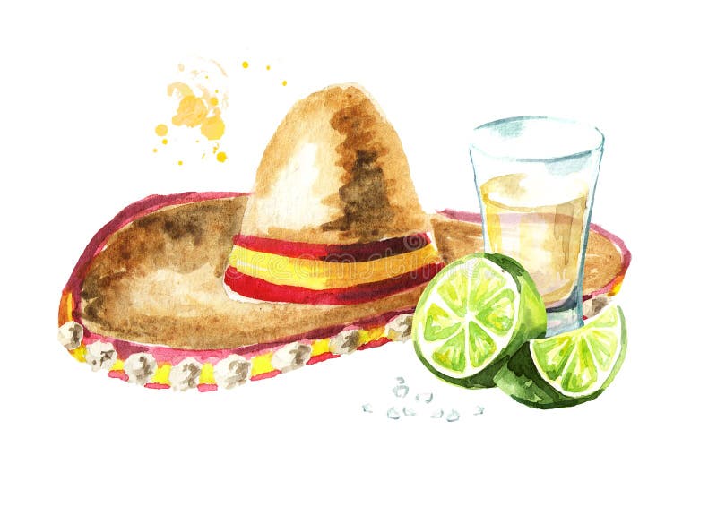 Sombrero del cappello di Cinco de Mayo e colpo di tequila con calce e sale Illustrazione disegnata a mano dell'acquerello royalty illustrazione gratis Sombrero del cappello di Cinco de Mayo e colpo di tequila con calce e sale Illustrazione disegnata a mano dell'acquerello royalty illustrazione gratis