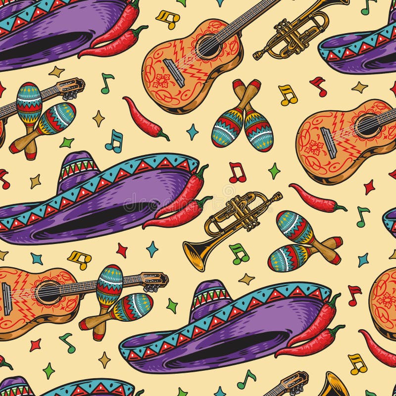 Mexiko bezešvý vzor purpurová sombrera, papriky, trumpety, namalovaný kytary a barvitý symboly, vektor ilustrace.