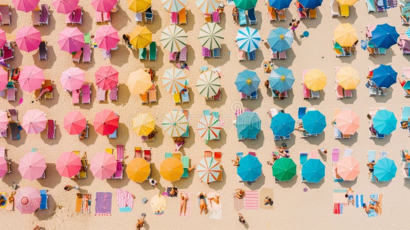 Sombrillas vibrantes : una colorida perspectiva aérea ilustración del vector