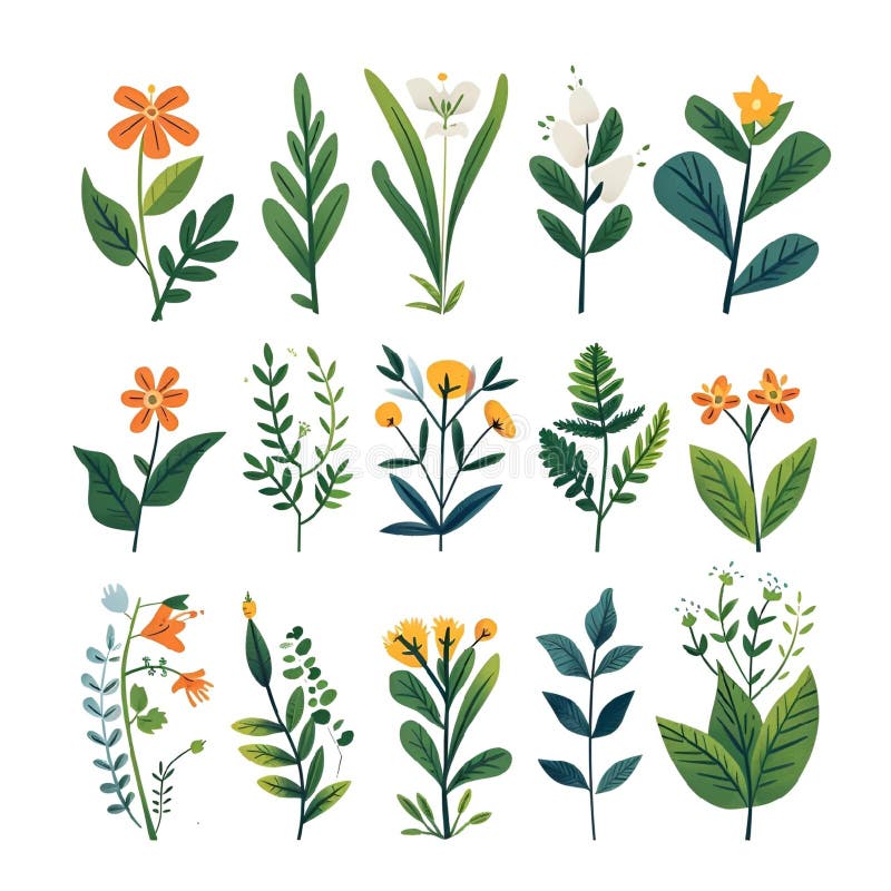 Some different plants and flowers in different colors and sizes on white background royalty free illustration