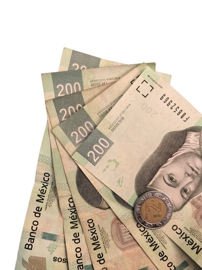 Some Mexican Peso 200 Paper Bills Grouped and on White Background Stock