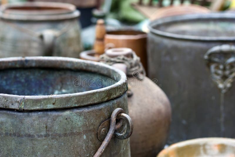 Some old kettles stock image. Image of cooking, steel 16348325