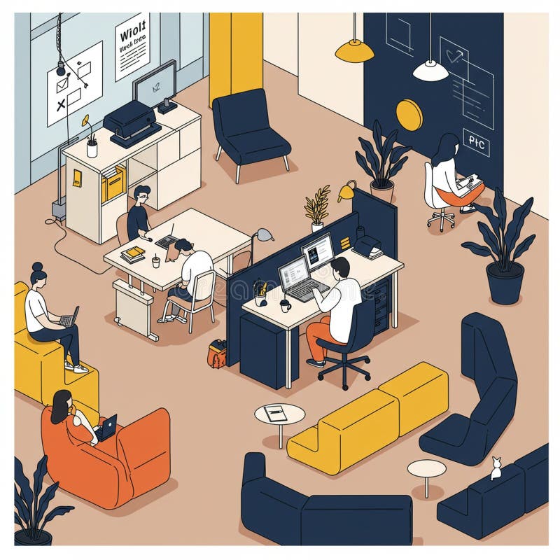 Sometric illustration of a modern office space with five people working. Features royalty free illustration