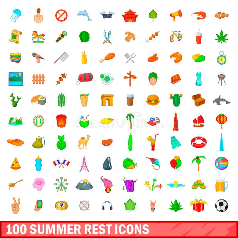 sommar 100 vilar symboler uppsättningen, tecknad filmstil vektor illustrationer sommar 100 vilar symboler uppsättningen, tecknad filmstil vektor illustrationer