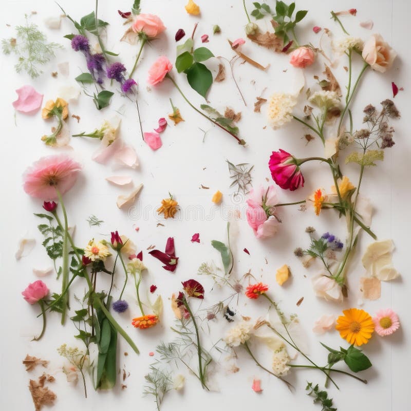Sommarbladets sammansättning Naturlighet Blommans vårmockning vit bakgrund isolerad. generativ ai. royaltyfri illustrationer