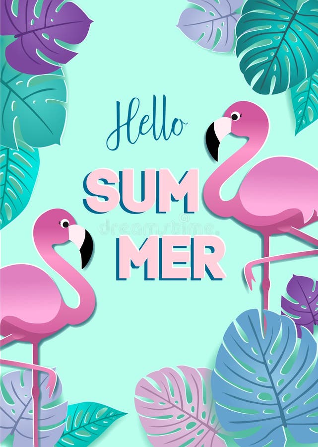 Sommarkort med pappers- flamingo och stiliserade tropiska sidor Vektordesign för banret, reklamblad, inbjudan, affisch vektor illustrationer Sommarkort med pappers- flamingo och stiliserade tropiska sidor Vektordesign för banret, reklamblad, inbjudan, affisch vektor illustrationer