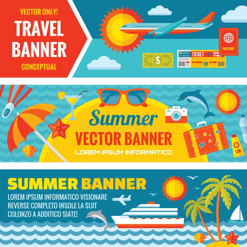 Summer travel - decorative horizontal vector banners set in flat style design trend. Summer travel vector backgrounds. Summer, travel and transport flat icons. Design elements. Summer travel - decorative horizontal vector banners set in flat style design trend. Summer travel vector backgrounds. Summer, travel and transport flat icons. Design elements.