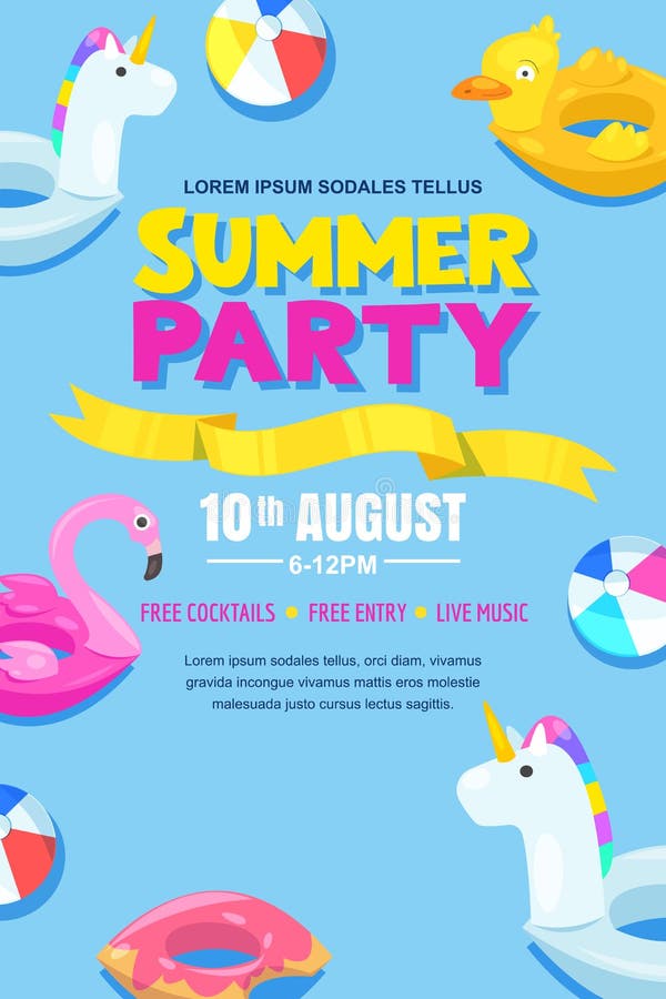 Sommarpölparti, vektoraffisch, banerorientering Enhörning flamingo, and, boll, gulliga flöten för munk i vatten vektor illustrationer Sommarpölparti, vektoraffisch, banerorientering Enhörning flamingo, and, boll, gulliga flöten för munk i vatten vektor illustrationer