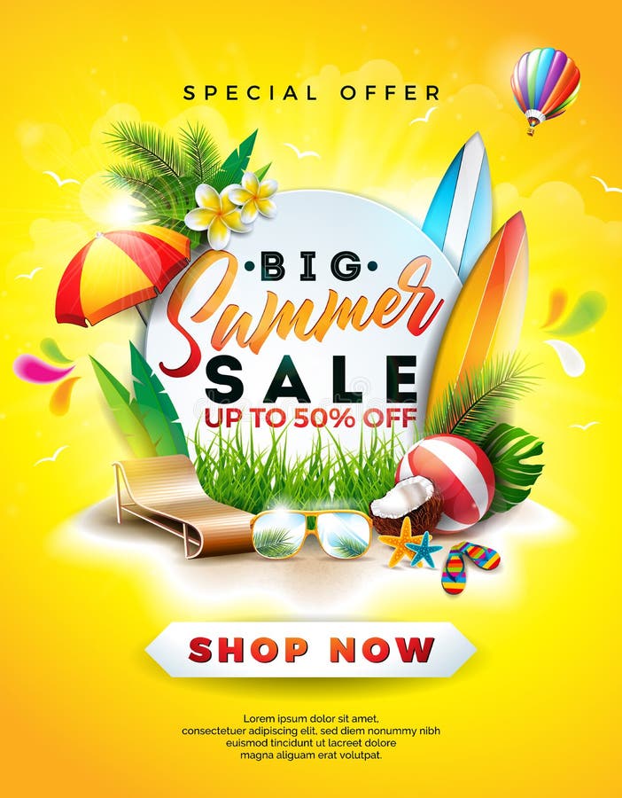 SommarSale design med blomman, strandferiebeståndsdelar och exotiska sidor på gul bakgrund Tropisk blom- vektor vektor illustrationer SommarSale design med blomman, strandferiebeståndsdelar och exotiska sidor på gul bakgrund Tropisk blom- vektor vektor illustrationer