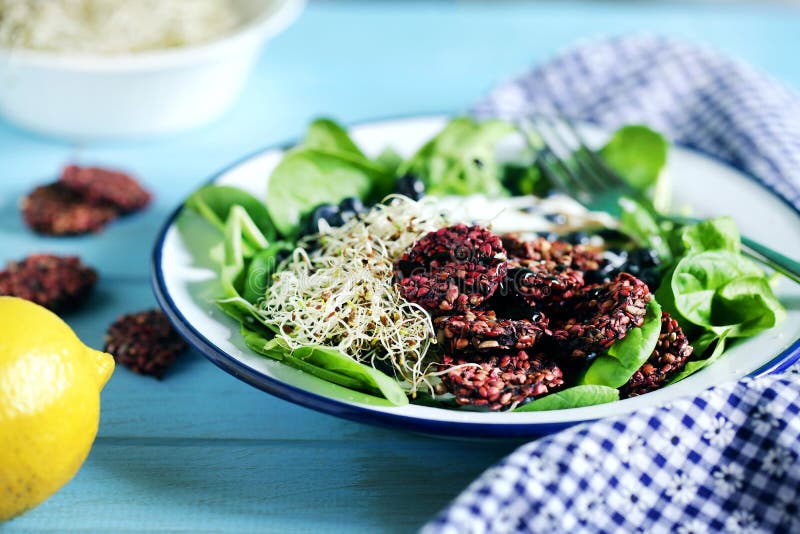 Sommarsallad med behandla som ett barn spenat, groddar, blåbär och bovetesmällare royaltyfri foto Sommarsallad med behandla som ett barn spenat, groddar, blåbär och bovetesmällare royaltyfri foto