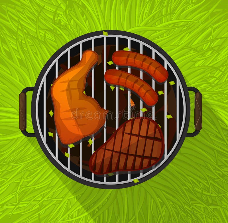 Sommer BBQ, Hühnerbeine, Wurst und grillendes Rindfleischsteak, Ebene vektor abbildung