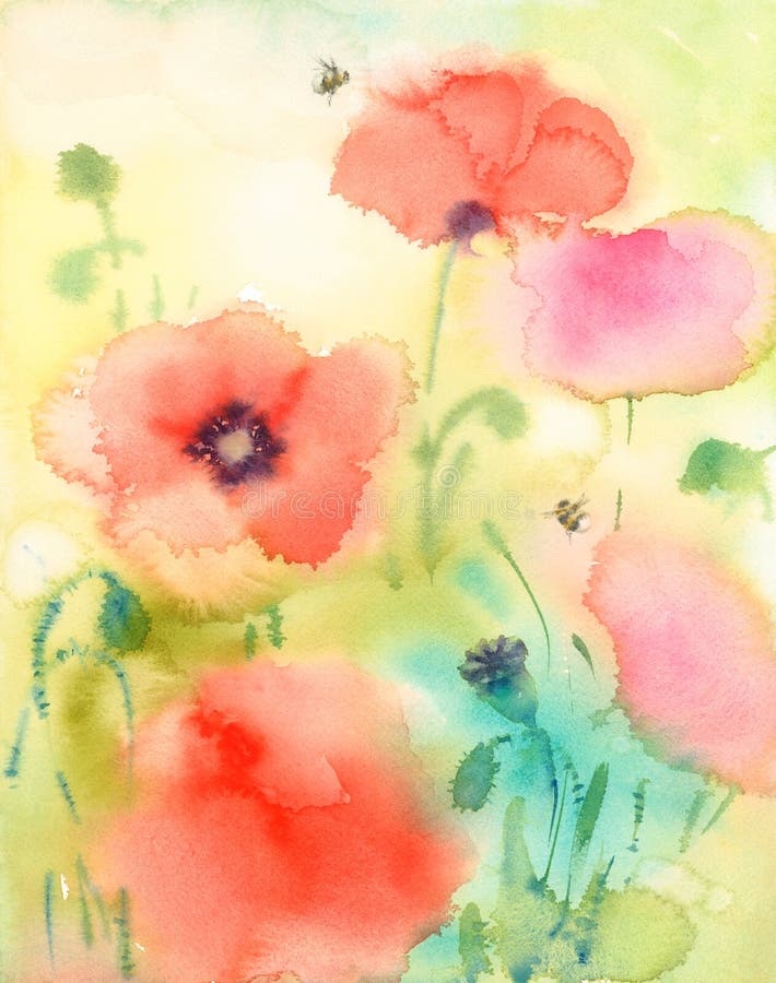 Sommer blüht die rote handgemalte Mohnblumen-und Hummel-Aquarell-Illustration vektor abbildung Sommer blüht die rote handgemalte Mohnblumen-und Hummel-Aquarell-Illustration vektor abbildung