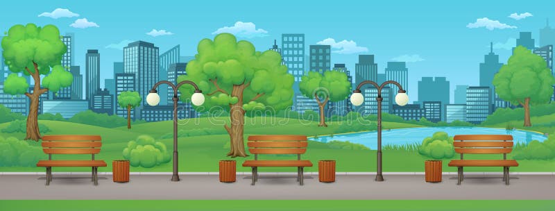 Sommer-, Frühlingstag-, Park-Vektor-Abbildung Holzbänke, Mülleimer und Straßenlampen auf einem Parkplatz mit üppigen grünen Bäume stock abbildung