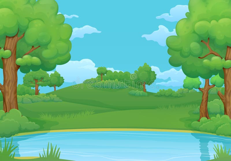 Sommer, Frühlingstageshintergrund See oder Fluss mit üppigen grünen Bäumen und Büschen vektor abbildung