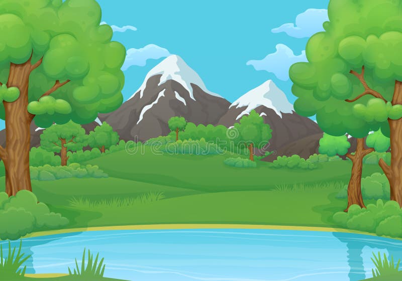 Sommer, Frühlingstageshintergrund See oder Fluss mit üppigen grünen Bäumen und schneebedeckten Bergen vektor abbildung