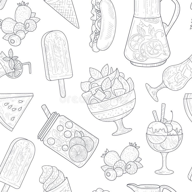 Sommer-Nahrungsmittelnahtloses Muster, Smoothies, Eis-Tee, Würstchen, Wassermelone, Eiscreme-einfarbige Handgezogener Vektor lizenzfreie abbildung Sommer-Nahrungsmittelnahtloses Muster, Smoothies, Eis-Tee, Würstchen, Wassermelone, Eiscreme-einfarbige Handgezogener Vektor lizenzfreie abbildung