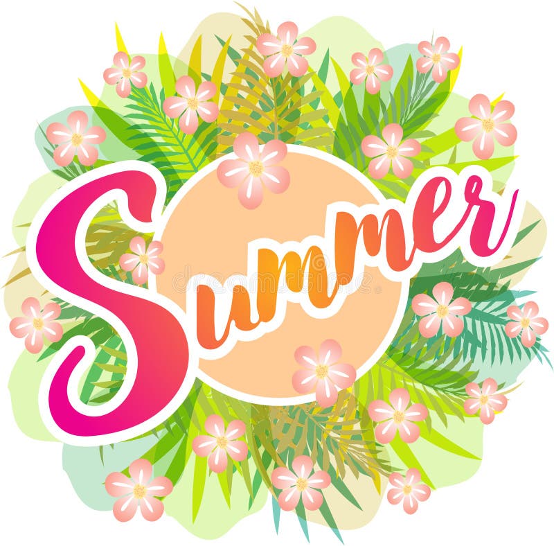 Sommer - Vektorzeichnung mit grünen Blättern, Farnen und rosa Blumen vektor abbildung Sommer - Vektorzeichnung mit grünen Blättern, Farnen und rosa Blumen vektor abbildung