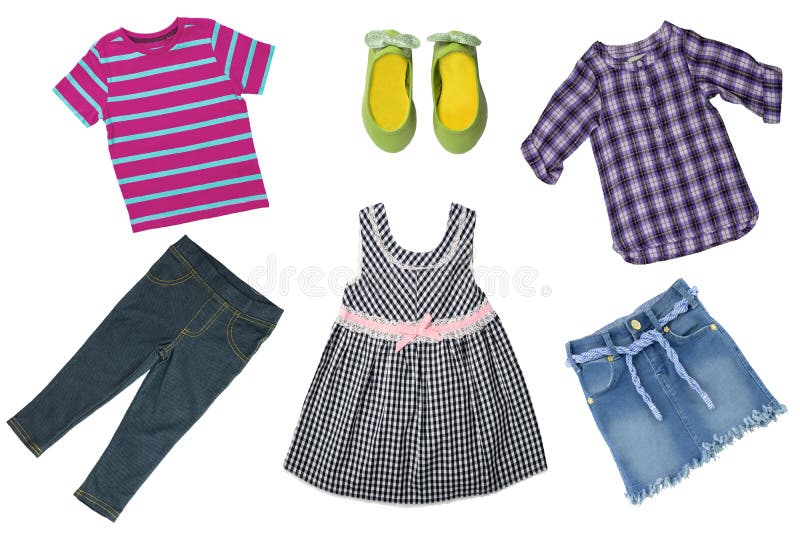 Sommerart und weise Collagensatz Babykindermädchenkleidung lokalisiert auf einem weißen Hintergrund T-Shirts, Röcke, Schuhe oder stockfoto Sommerart und weise Collagensatz Babykindermädchenkleidung lokalisiert auf einem weißen Hintergrund T-Shirts, Röcke, Schuhe oder stockfoto