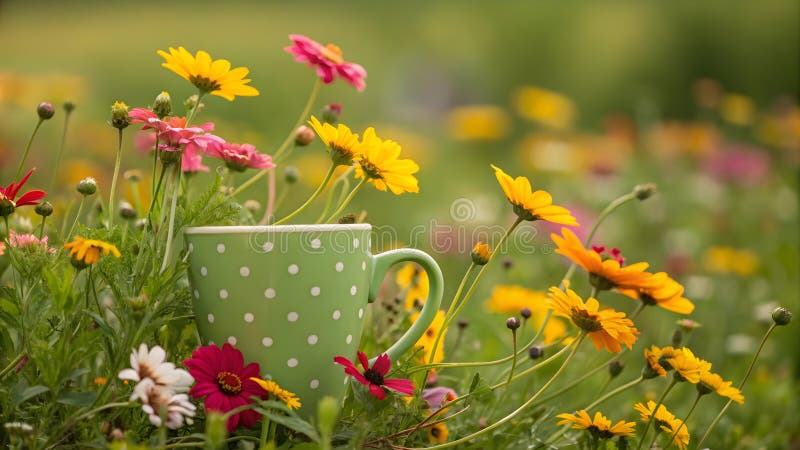 Sommerblumen in grüner Polka dot retro cup im Garten vektor abbildung