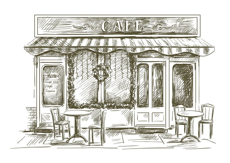 Sommercafé auf einem weißen Hintergrund und Tabellen. Zeichnen eines Sommercafés auf einem weißen Hintergrund