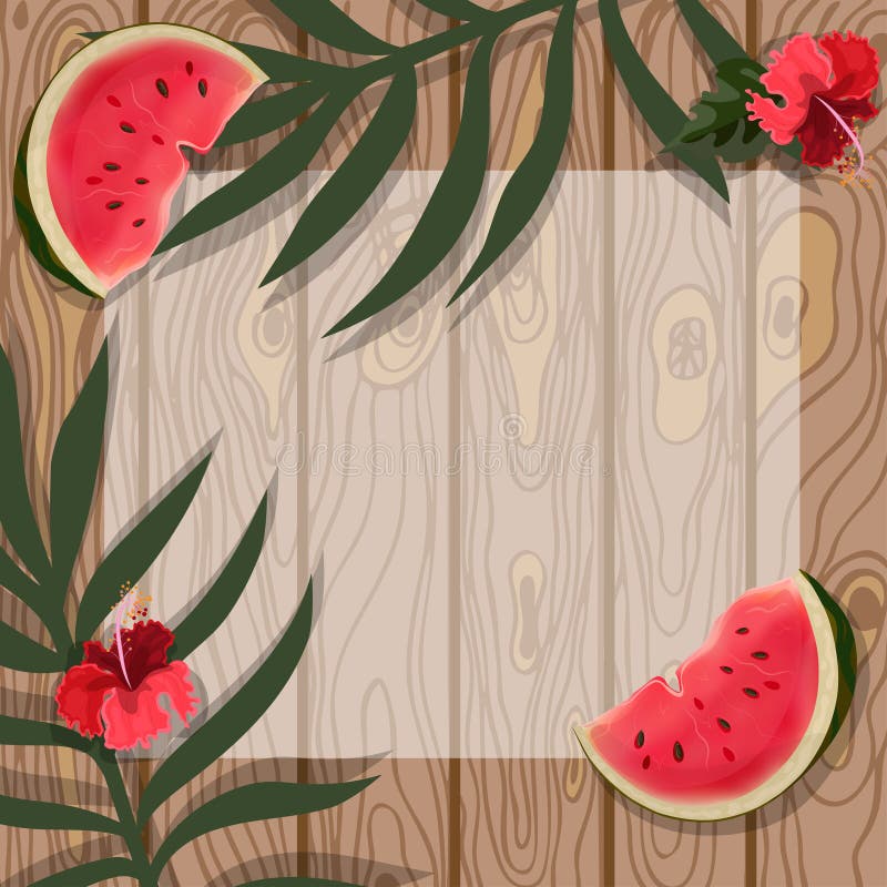 Sommerferien-Vektorillustrationsschablone Plakat von tropischen Bl?ttern, Wassermelone auf Hintergrund des h?lzernen Brettes vektor abbildung Sommerferien-Vektorillustrationsschablone Plakat von tropischen Bl?ttern, Wassermelone auf Hintergrund des h?lzernen Brettes vektor abbildung