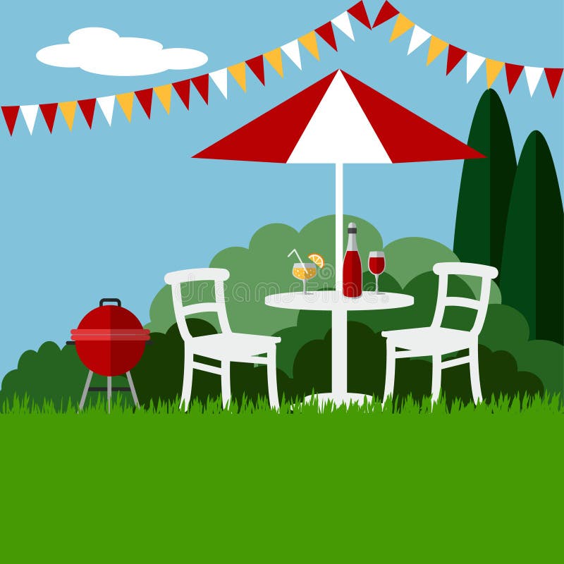 Sommergartenfest-Grillhintergrund, flaches Design, stock abbildung Sommergartenfest-Grillhintergrund, flaches Design, stock abbildung