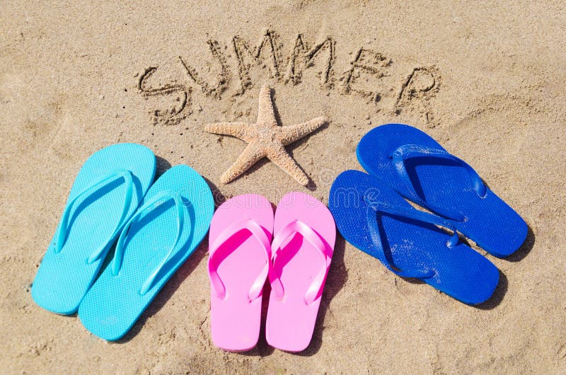 Summer background with flip flops, starfish and sign Summer on the sandy beach. Summer background with flip flops, starfish and sign Summer on the sandy beach