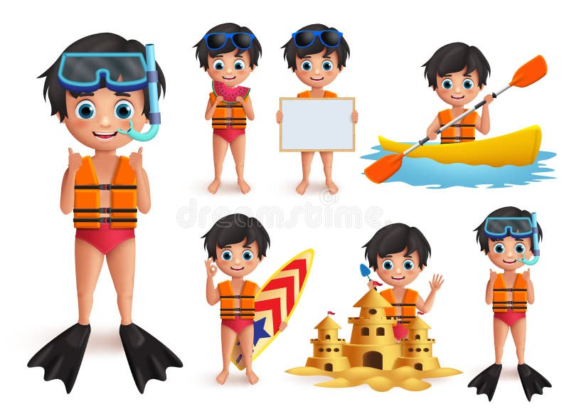 Sommerjungenkindervektorzeichensatz Tragende Schwimmweste des Strandjungen und Schnorcheln, Strandtätigkeiten tuend lizenzfreie abbildung Sommerjungenkindervektorzeichensatz Tragende Schwimmweste des Strandjungen und Schnorcheln, Strandtätigkeiten tuend lizenzfreie abbildung