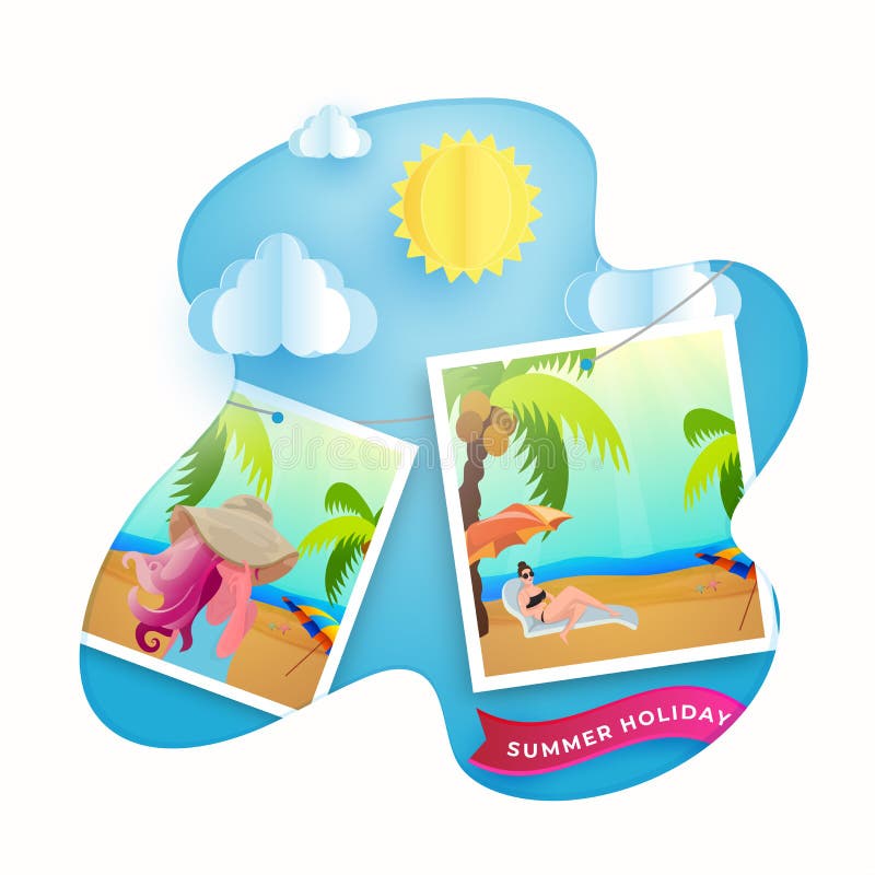 Sommerreise, die weibliche Fotos mit Sonne und Papierwolken f?r Sommerferienschablone genie?t stock abbildung Sommerreise, die weibliche Fotos mit Sonne und Papierwolken f?r Sommerferienschablone genie?t stock abbildung