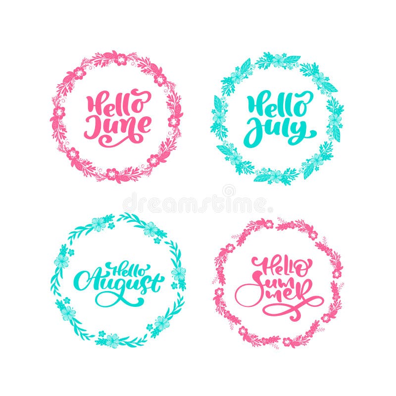 Sommersatz dekorative kalligraphische Phrasen hallo Juni des Handgezogenen Vektors, hallo Juli, hallo August, hallo Sommer für vektor abbildung Sommersatz dekorative kalligraphische Phrasen hallo Juni des Handgezogenen Vektors, hallo Juli, hallo August, hallo Sommer für vektor abbildung