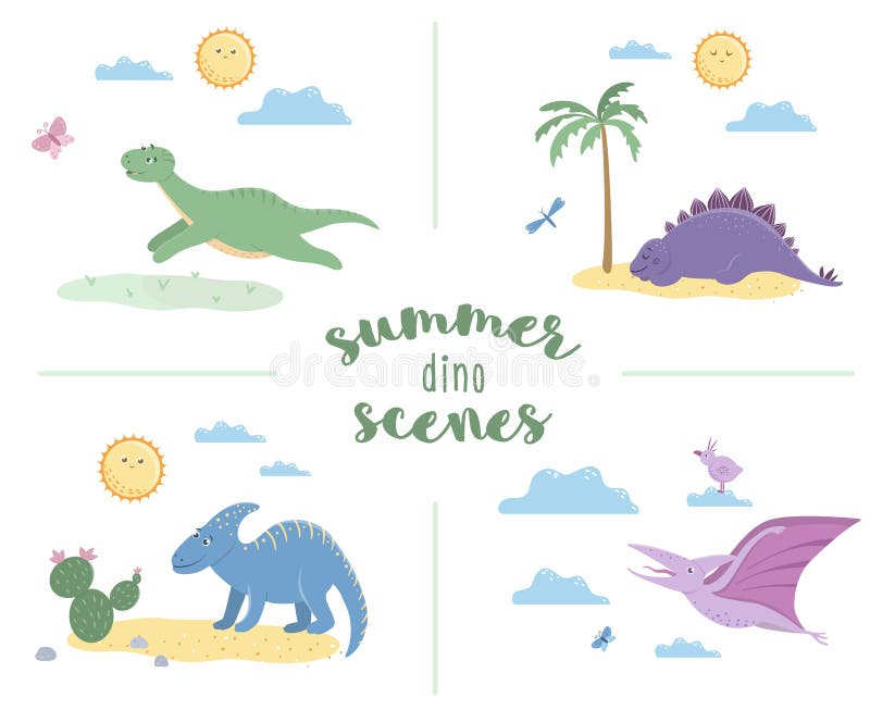 Sommerszenen mit netten Dinosauriern vektor abbildung Sommerszenen mit netten Dinosauriern vektor abbildung