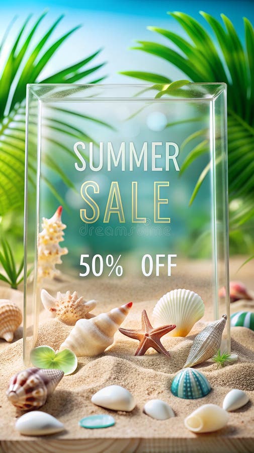 Sommerverkauf 3D Werbeplakat. Meeresschalen und exotische Blätter im Hintergrund saisonale Werbung bieten stock abbildung