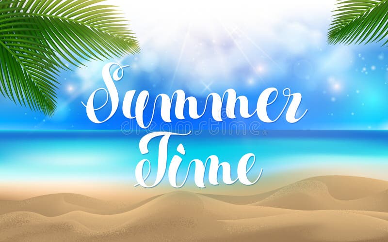 Sommerzeitbeschriftung Sommerzeit am Strand mit Kokosnuss lässt exotische Palme auf Spitzen-und Bokeh-Effekt-Hintergrund Sand lizenzfreie abbildung Sommerzeitbeschriftung Sommerzeit am Strand mit Kokosnuss lässt exotische Palme auf Spitzen-und Bokeh-Effekt-Hintergrund Sand lizenzfreie abbildung