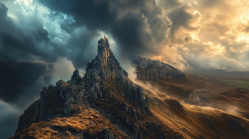 Sommet de montagne majestueux sous des nuages spectaculaires et soleil couchant illustration stock