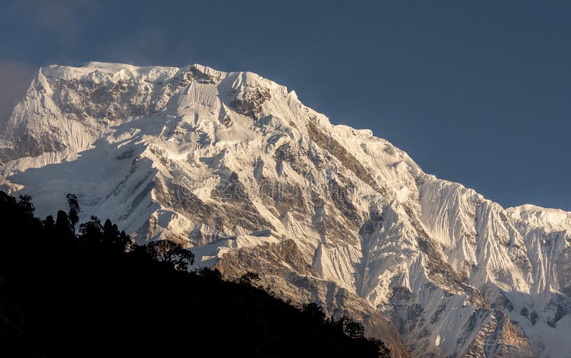 Sommità snowcapped del sud della montagna di Annapurna contro cielo blu nel trekking del campo base di Annapurna fotografie stock Sommità snowcapped del sud della montagna di Annapurna contro cielo blu nel trekking del campo base di Annapurna fotografie stock