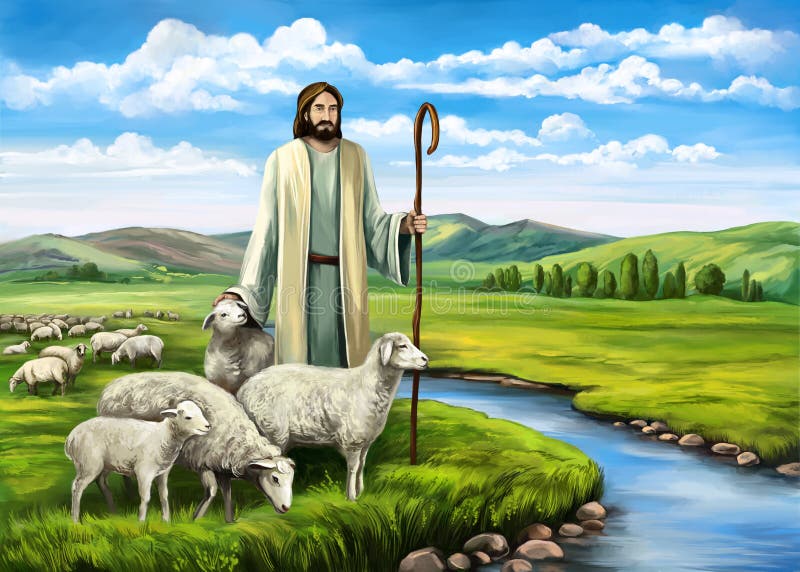 Son of God, the Lord is my shepherd, Jesus Christ with a flock of sheep, symbol of Christianity hand drawn art