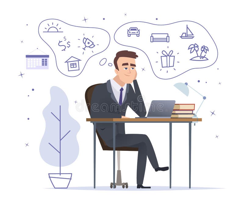 Sonho do homem de negócios Gestor de escritório bem sucedido que senta-se e que pensa sobre o carro da casa e os desenhos animado ilustração do vetor Sonho do homem de negócios Gestor de escritório bem sucedido que senta-se e que pensa sobre o carro da casa e os desenhos animado ilustração do vetor