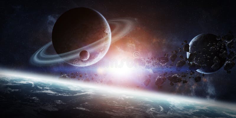 Sonnenaufgang über Gruppe Planeten im Raum stock abbildung Sonnenaufgang über Gruppe Planeten im Raum stock abbildung