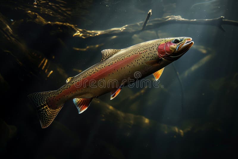 Sonnenbeleuchtete Regenbogenforelle vor dunklem Wasser lizenzfreies stockfoto