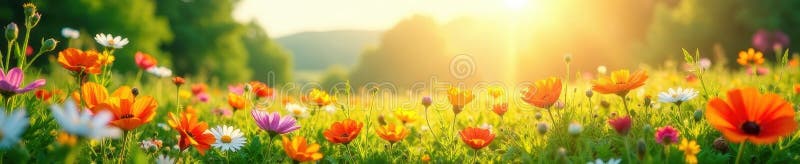 Sonnenbeleuchtete Wiese lebendige Wildblumen in voller Blüte Panoramaaussicht Weiche natürliche Pastellfarben stock abbildung
