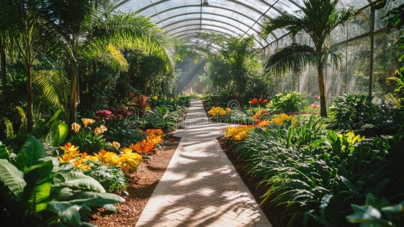 Sonnenbeleuchteter Greenhouse Path inmitten lebendiger tropischer Blumen stock abbildung