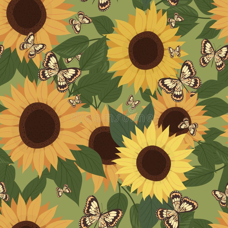 Sonnenblumen und Schmetterlinge nahtlose Muster. Sonnenblumen und Blätter. botanisches Element vektor abbildung