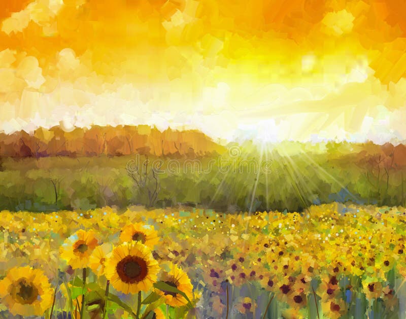 Sonnenblumenblumenblüte Ölgemälde eines ländlichen Sonnenuntergang Landscap