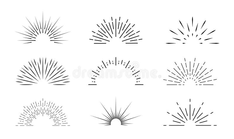 Sonnendurchbruchikone. Sonnenexplosion mit Linien. Retro- Logo des Halbkreises mit Radialstrahlen. grafische Explosion des Sonnens