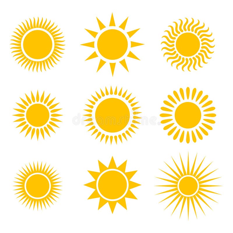 Suns graphic icons set. Suns pictograms isolated on white background. Symbols of summer. Vector illustration. Suns graphic icons set. Suns pictograms isolated on white background. Symbols of summer. Vector illustration