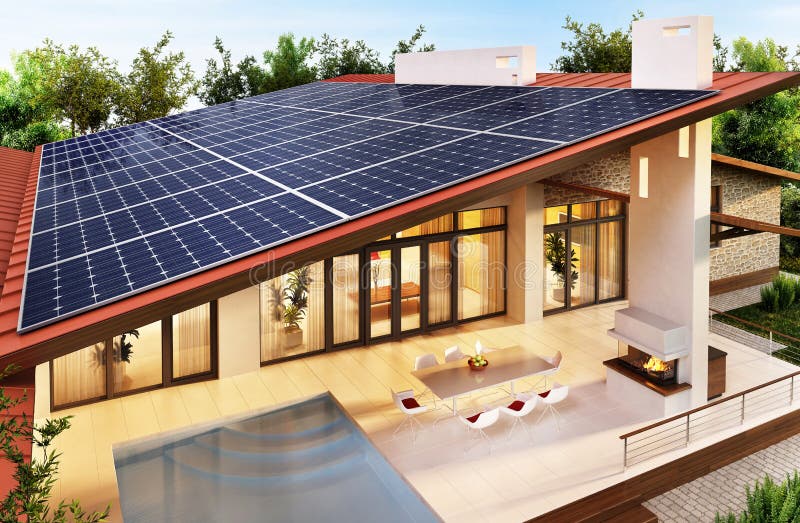 Sonnenkollektoren auf dem Dach des modernen Hauses lizenzfreie stockfotos Sonnenkollektoren auf dem Dach des modernen Hauses lizenzfreie stockfotos