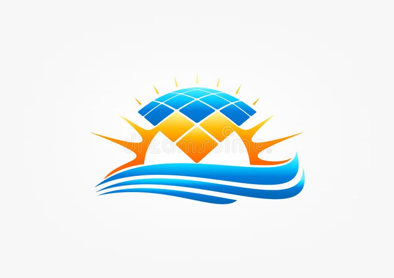Sonnenkollektorlogo, Sonne modul Symbol, Naturwellenstrom, Windheizung, Machtikone und Energiekonzeptdesign vektor abbildung Sonnenkollektorlogo, Sonne modul Symbol, Naturwellenstrom, Windheizung, Machtikone und Energiekonzeptdesign vektor abbildung