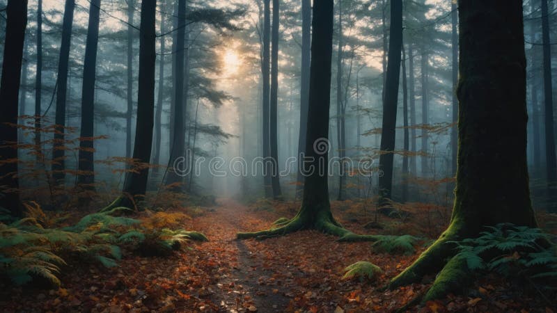 Sonnenlichtweg durch den Nebelwald lizenzfreie abbildung