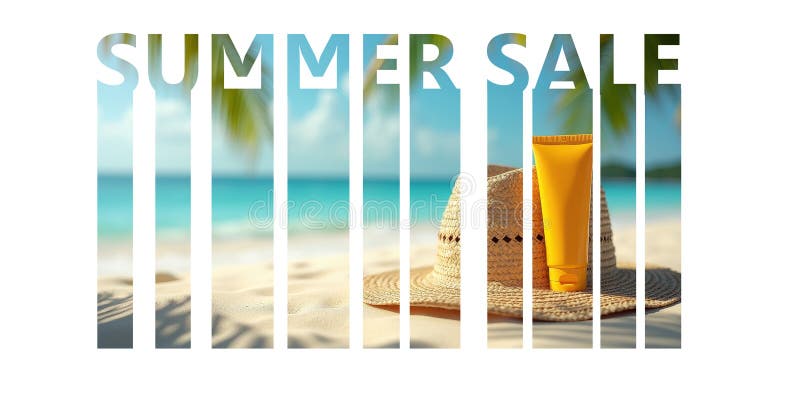 Sonnenschutzröhre und Strohhut auf tropischem Strand Sand in geschnitten vertikaler Text Design mit Worten SUMMER Verkauf auf weiß stockfotografie